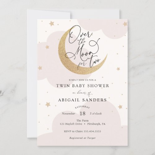 Over the Moon for Two Twin Girls Baby Shower Invitation