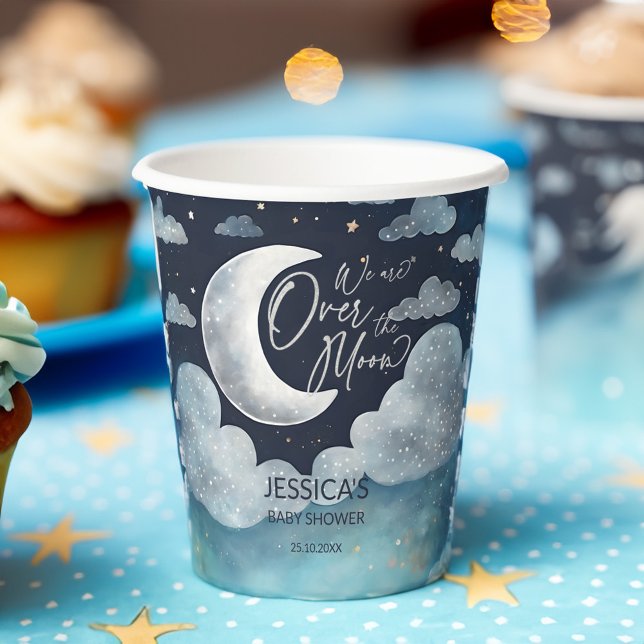 Over the moon galaxy baby shower monogrammed paper cups (Over the moon galaxy baby shower monogrammed paper cups personalized table decor)