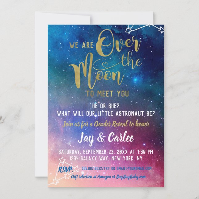 Over the Moon Galaxy Gender Reveal Baby Shower Invitation (Front)