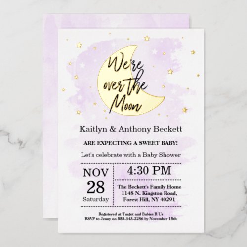 Over The Moon  Gender Neutral Baby Shower Real Foil Invitation