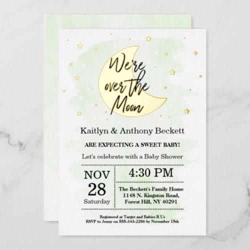 Over The Moon  Gender Neutral Baby Shower Real Foil Invitation