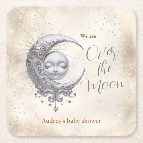 Over The Moon Gender Neutral Baby Shower  Square Paper Coaster