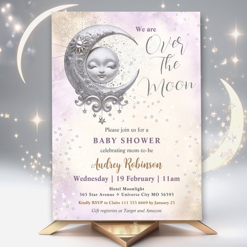 Over The Moon Gender Neutral Purple Baby Shower  Invitation