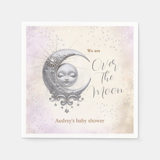 Over The Moon Gender Neutral Purple Baby Shower  Napkins (Front)