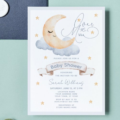 Over the Moon Gender Neutral Script Baby Shower Invitation