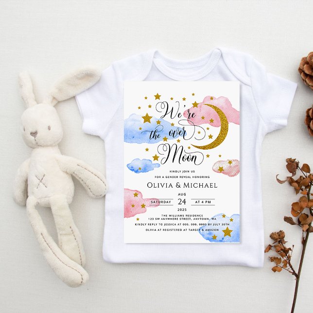 Over The Moon Gender Reveal Pink and Blue Invitation (Creator Uploaded)