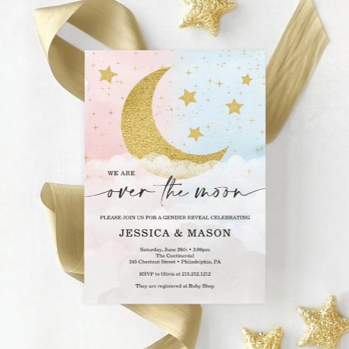 Over The Moon Gender Reveal Pink and Blue Invites