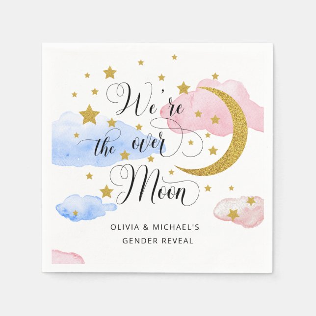 Over the Moon Gender Reveal Pink and Blue Napkins (Front)