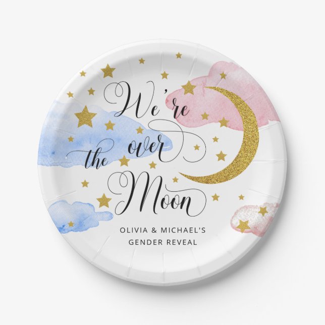 Over the Moon Gender Reveal Pink and Blue Paper Plates (Front)