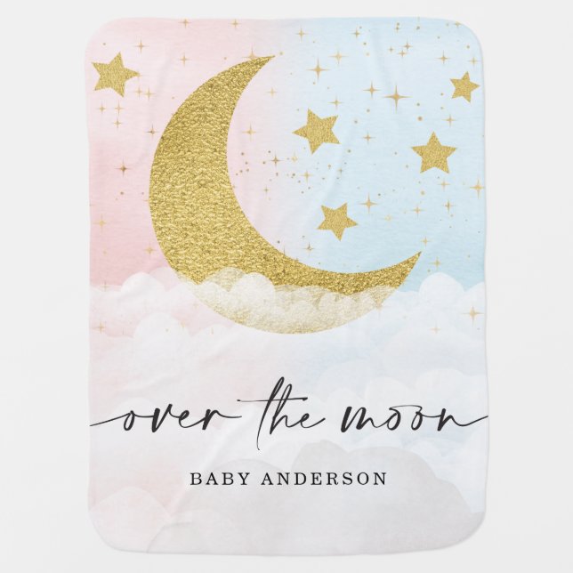 Over The Moon Gender Reveal Square Thank You Baby Blanket (Front)