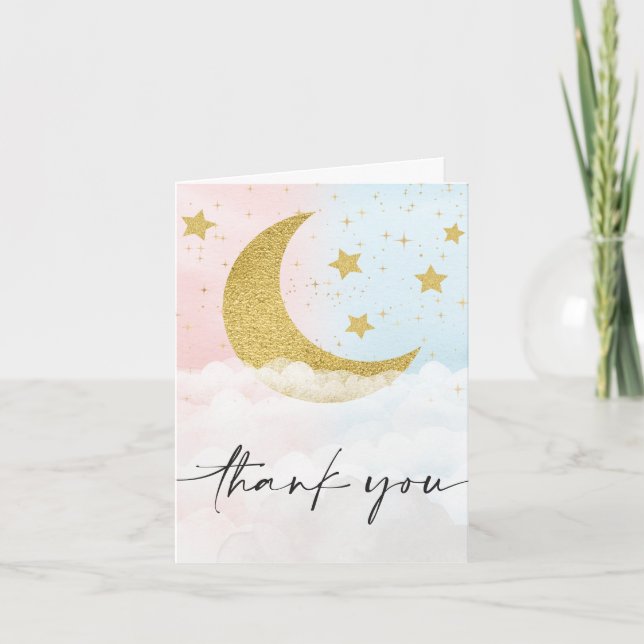 Over The Moon Gender Reveal Thank You  Card (Front)