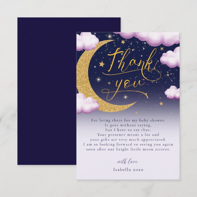 Over the Moon Girl Baby Shower Thank You Card (Front/Back)