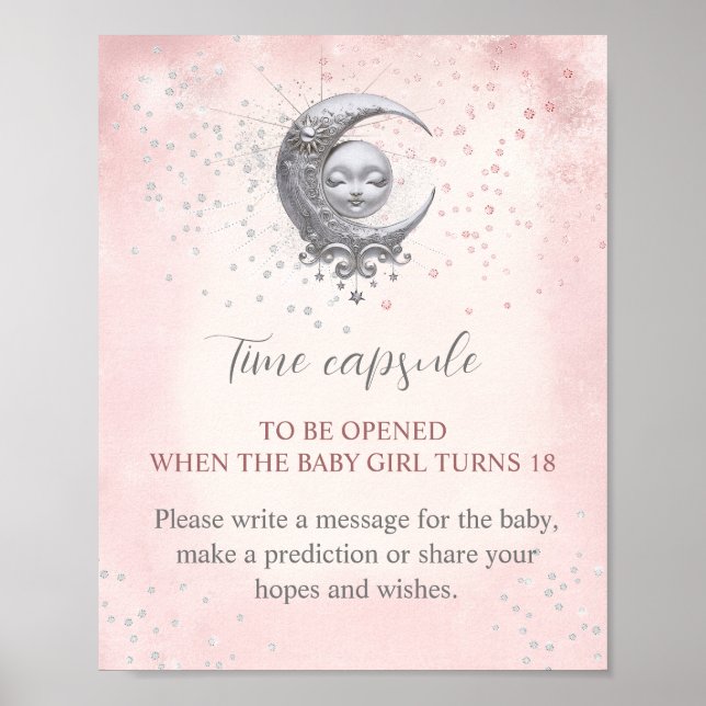 Over The Moon Girl Baby Shower Time Capsule Sign (Front)