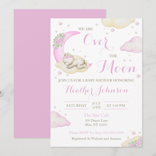 Over The Moon Girl Bear Baby Shower Invitation (Front/Back)