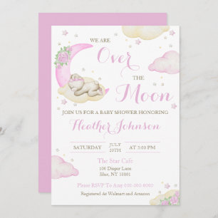 Over The Moon Girl Bear Baby Shower Invitation
