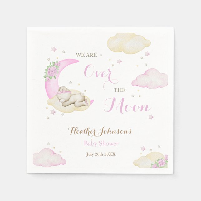 Over The Moon Girl Bear Baby Shower Napkins (Front)