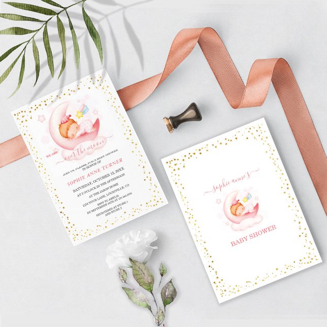 Over the Moon Girl Calligraphy Baby Shower Invitation (Creator Uploaded)