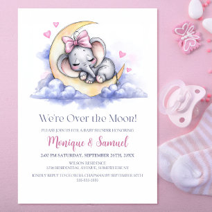 Over the Moon Girl Elephant Baby Shower Invitation