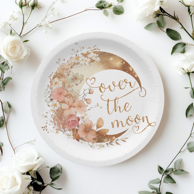 Over the moon girl gold floral moon birthday paper plates (Creator Uploaded)