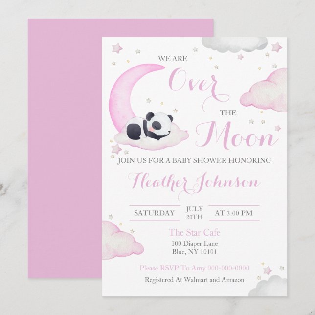 Over The Moon Girl Panda Bear Baby Shower Invitation (Front/Back)