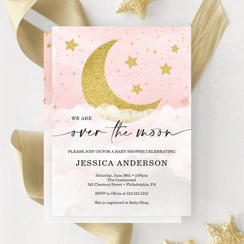 Over The Moon Girl Pink Baby Shower Invitation