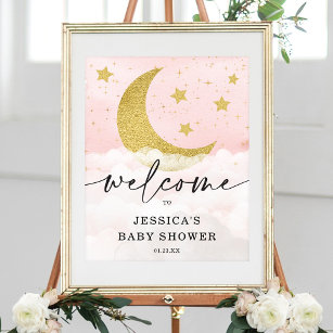 Over The Moon Girl Pink Baby Shower Welcome Poster