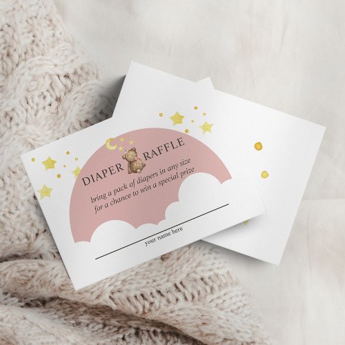 Over The Moon Girl Teddy Bear Pink Diaper Raffle Enclosure Card