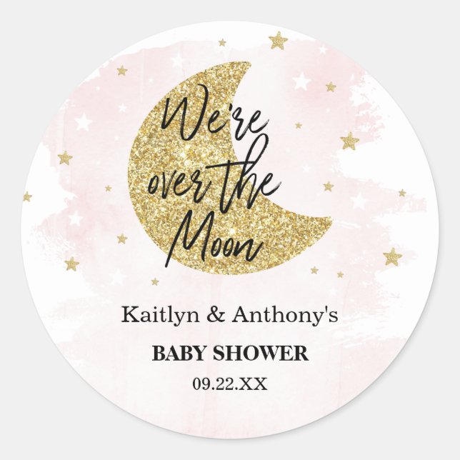 Over The Moon | Girls Baby Shower Classic Round St Classic Round Sticker (Front)