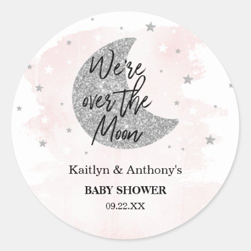 Over The Moon  Girls Baby Shower Classic Round Sticker