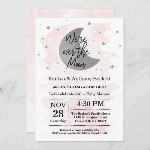 Over The Moon  Girls Baby Shower Invitation