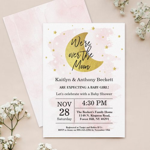 Over The Moon  Girls Baby Shower Invitation