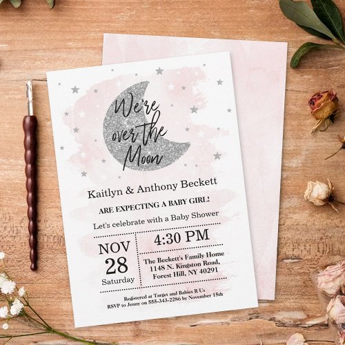 Over The Moon  Girls Baby Shower Invitation