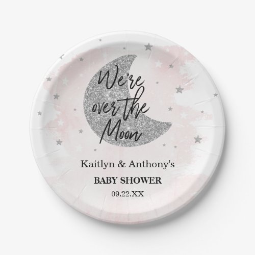 Over The Moon  Girls Baby Shower Paper Plate