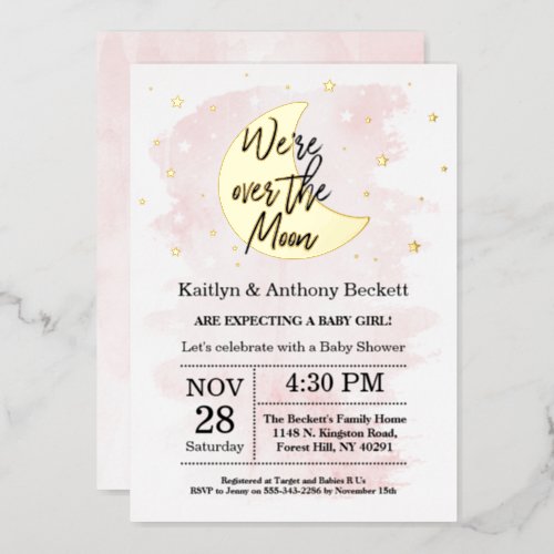 Over The Moon  Girls Baby Shower Real Foil Invitation