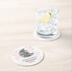 Over The Moon Girls Baby Shower Round Paper Coaster