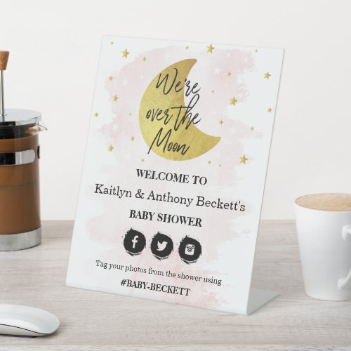 Over The Moon  Girls Baby Shower Welcome Pedestal Sign