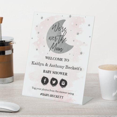 Over The Moon  Girls Baby Shower Welcome Pedestal Sign