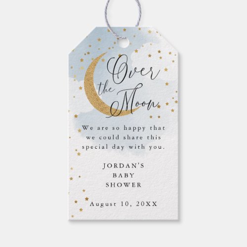 Over the Moon Glitter Blue Baby Shower Gift Tags