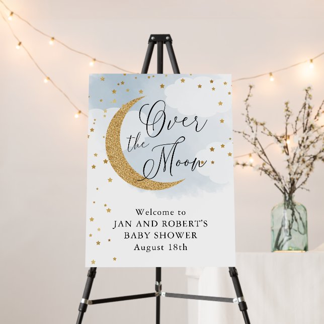 Over the Moon, Glitter, Blue Baby Shower Welcome Foam Board (In Situ (Stand))