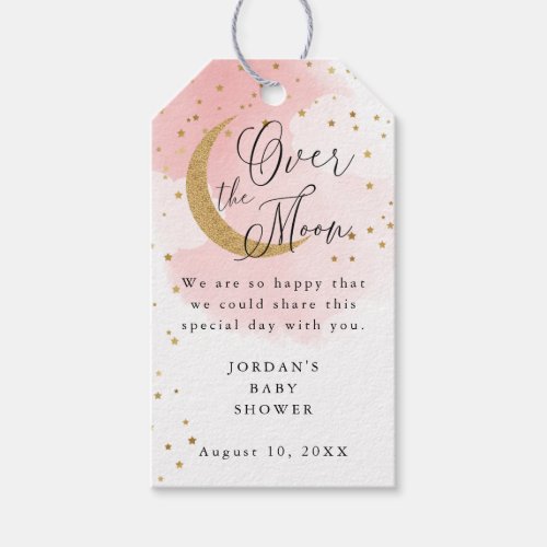 Over the Moon Glitter Pink Baby Shower Gift Tags