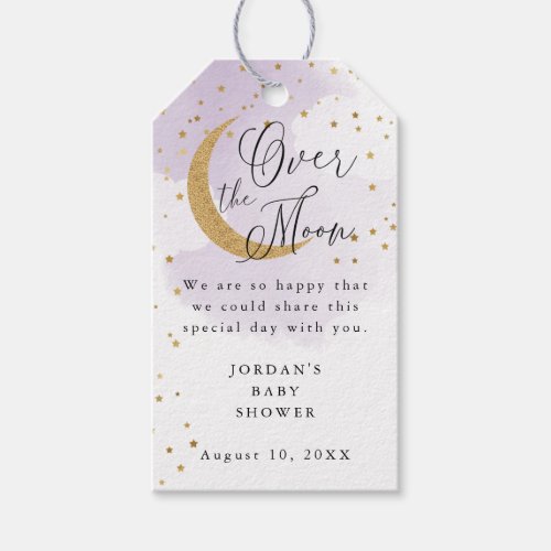Over the Moon Glitter Purple Baby Shower Gift Tags