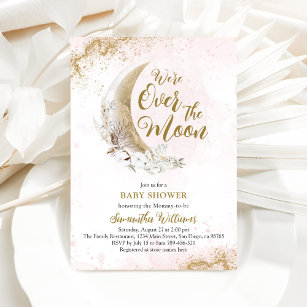 Over the Moon Gold Baby Girl Shower Photo Invitation