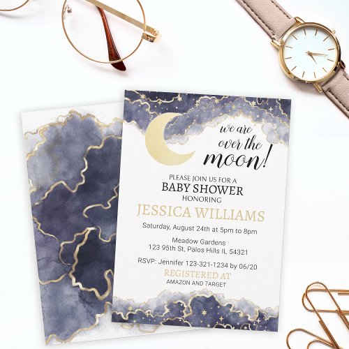 Over the moon gold baby shower invitation