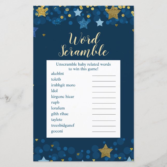 Over The Moon Gold Baby Shower Word Scramble (Front)