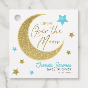 Over the Moon Gold & Blue Baby Shower Favor Tag