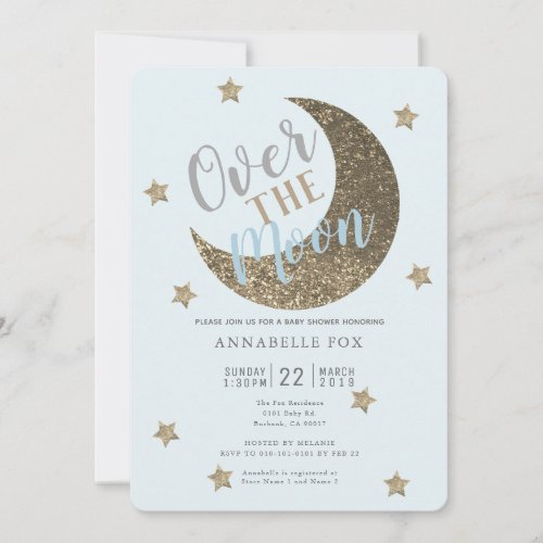 Over the Moon Gold Blue Baby Shower Invitation