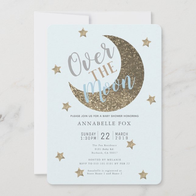 Over the Moon Gold Blue Baby Shower Invitation (Front)