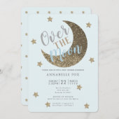 Over the Moon Gold Blue Baby Shower Invitation (Front/Back)