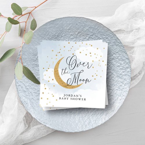 Over the Moon Gold  Blue Baby Shower Personalized Napkins