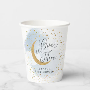 Over the Moon Gold & Blue Baby Shower Personalized Paper Cups